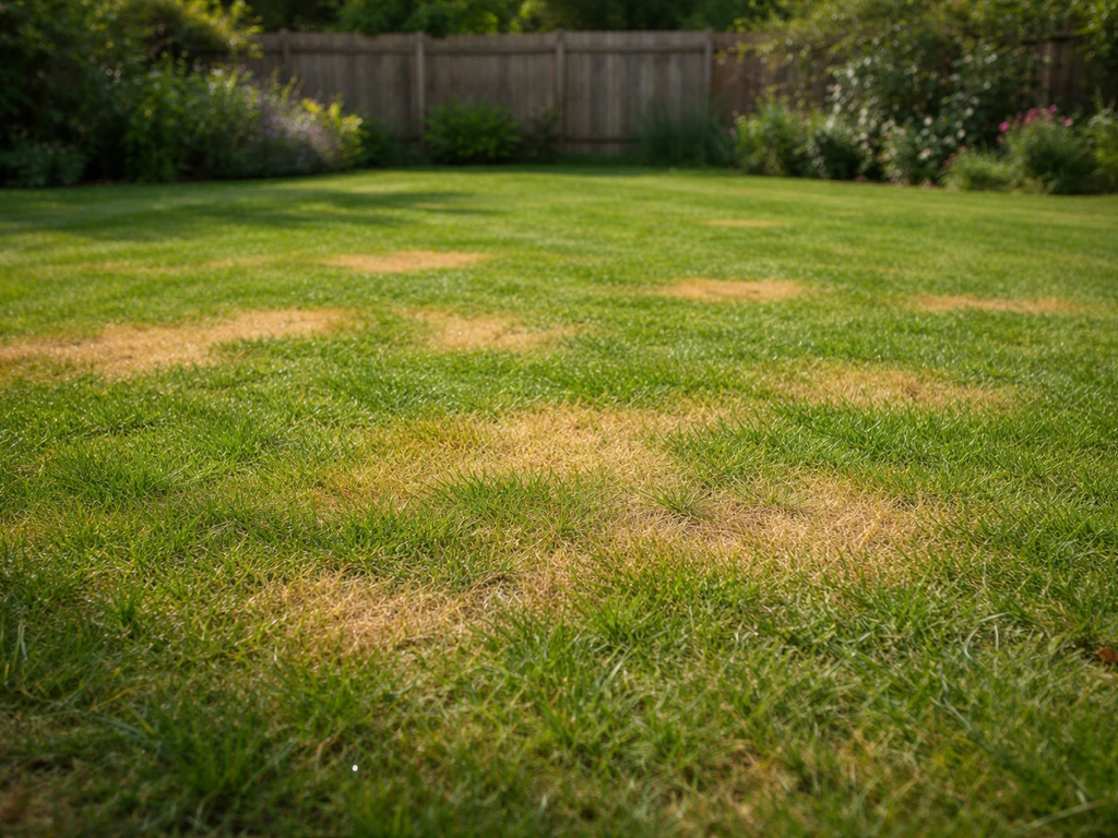 Pelouse de jardin avec zones jaunies contrastant avec des zones encore vertes, vue large au printemps.