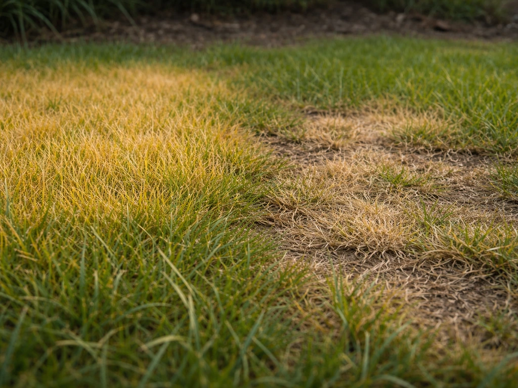 Gros plan d’une pelouse avec zones jaunies uniformes et en plaques, vue d’observation au ras du sol