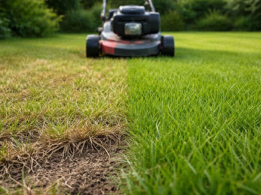 Pelouse montrant une zone tondue trop rase et desséchée comparée à une zone à coupe correcte, tondeuse au fond.