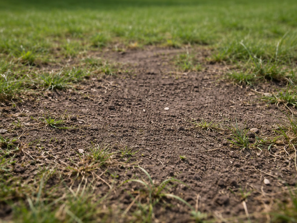 Gazon clairsemé et zones dégarnies visibles de près, sol et brins d’herbe espacés, illustrant le besoin de regarnir.