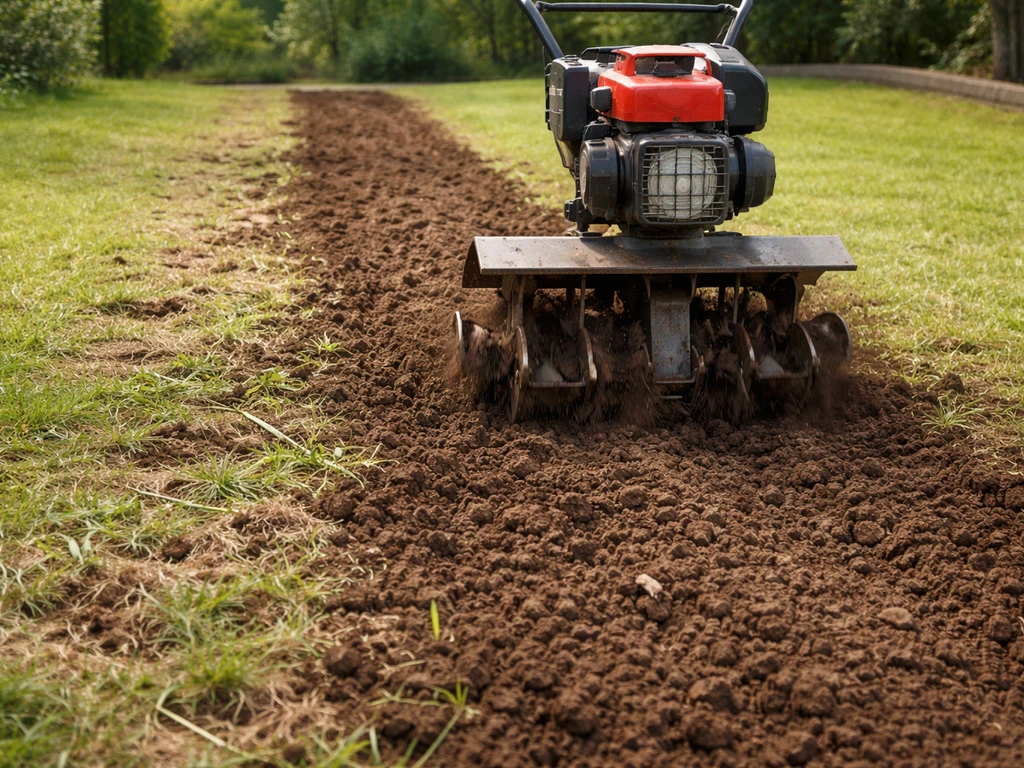 Motoculteur en train de retourner une pelouse, laissant une terre aérée et mottelée au jardin.