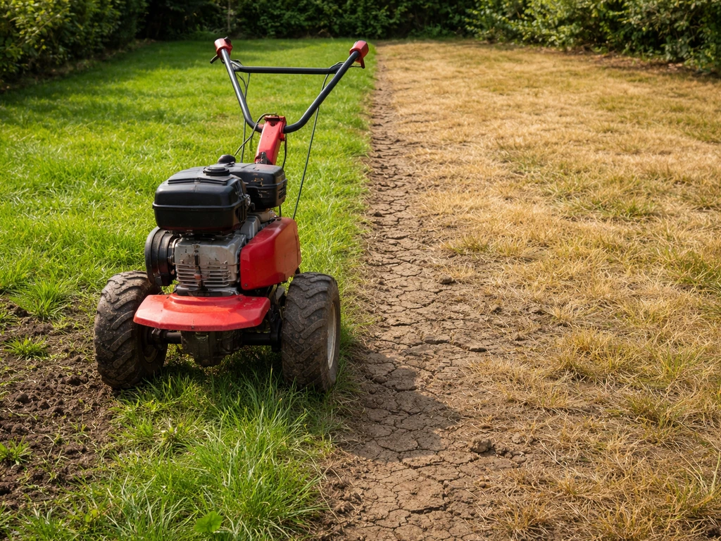 Motoculteur près d’une pelouse : sol humide de printemps à gauche et sol sec d’été à droite, sans personne.