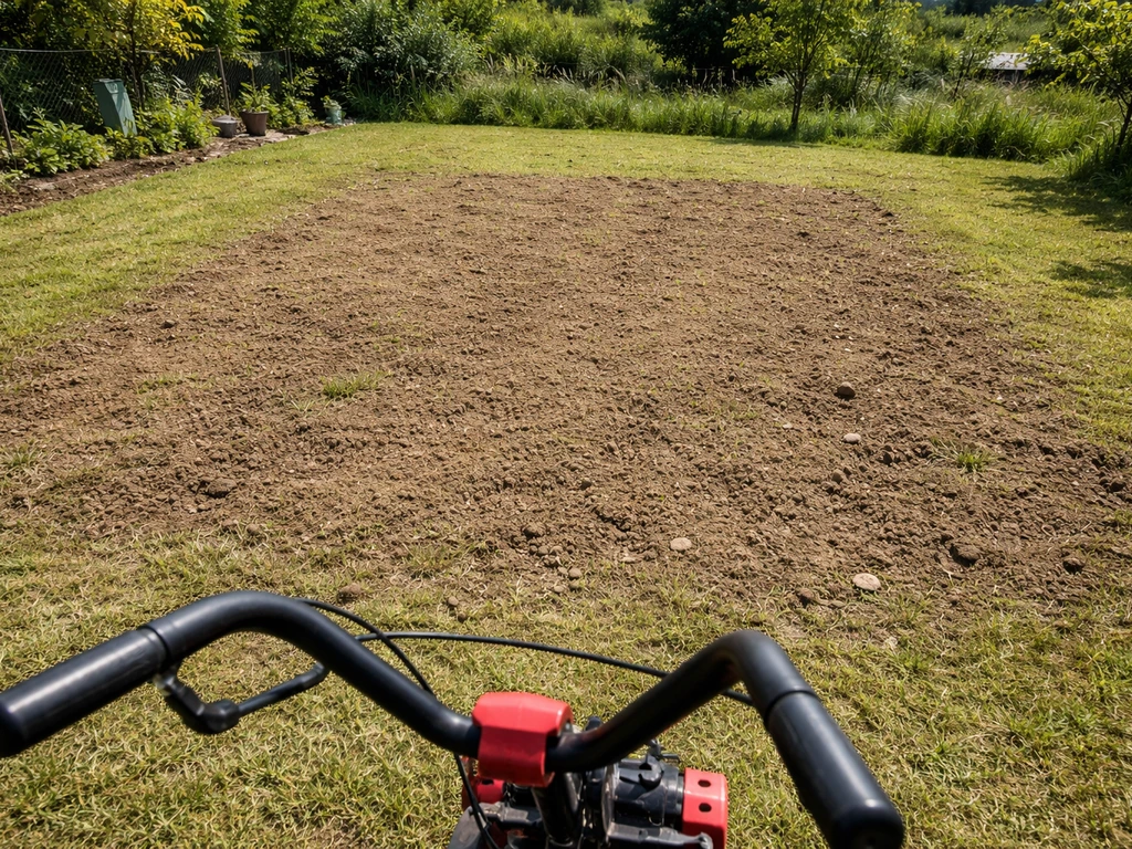 Sol de jardin tondu très ras, zone dégagée avant le motoculteur, herbe courte et pierres visibles.