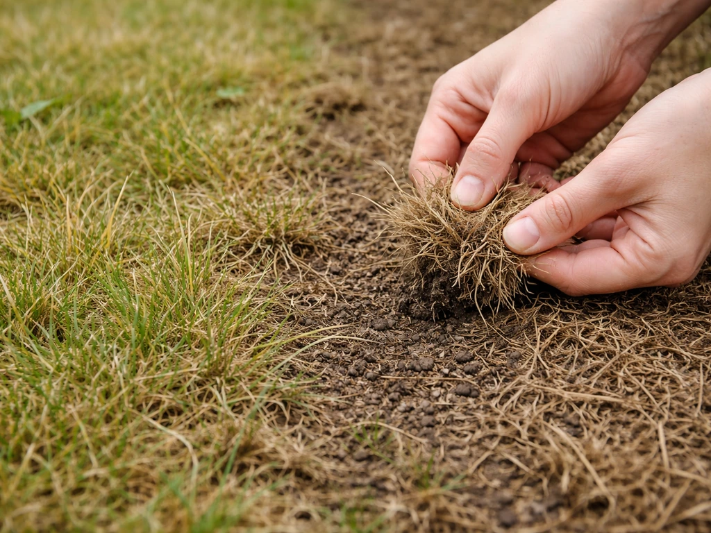Mains qui tirent un petit brin près du sol pour comparer pelouse en dormance et pelouse morte.