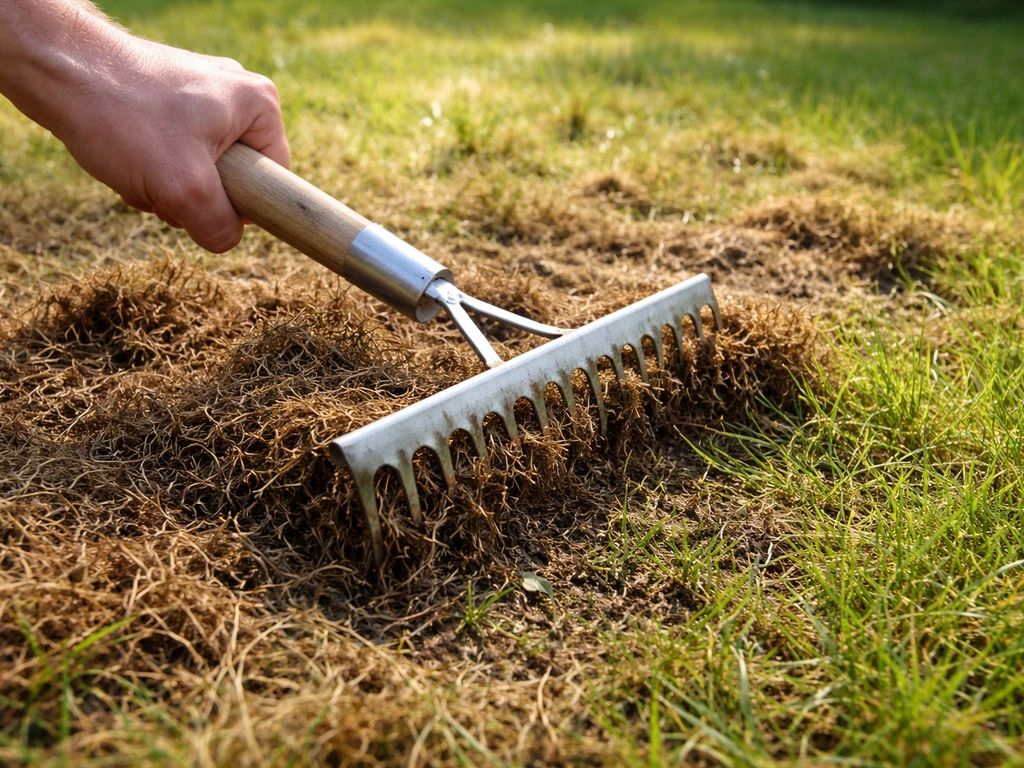 Main utilisant un râteau scarificateur sur une pelouse, retirant le gazon mort et révélant l’herbe vivante.
