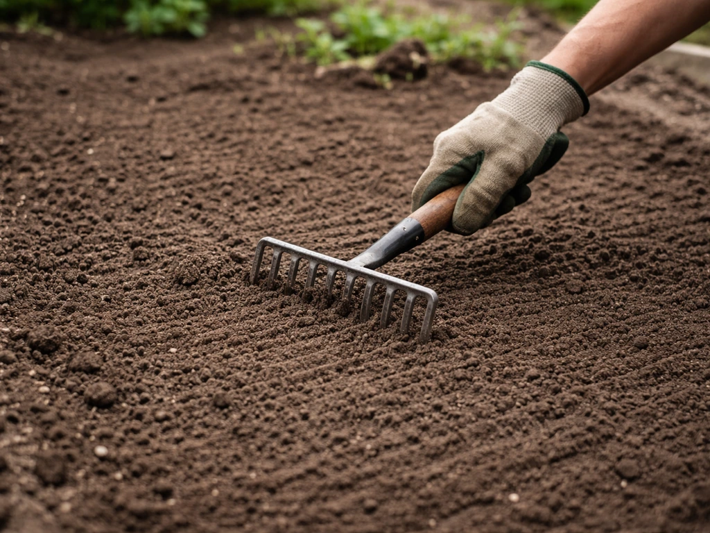Main qui ratissait la terre après incorporation de sable et compost, surface plane en préparation du sol