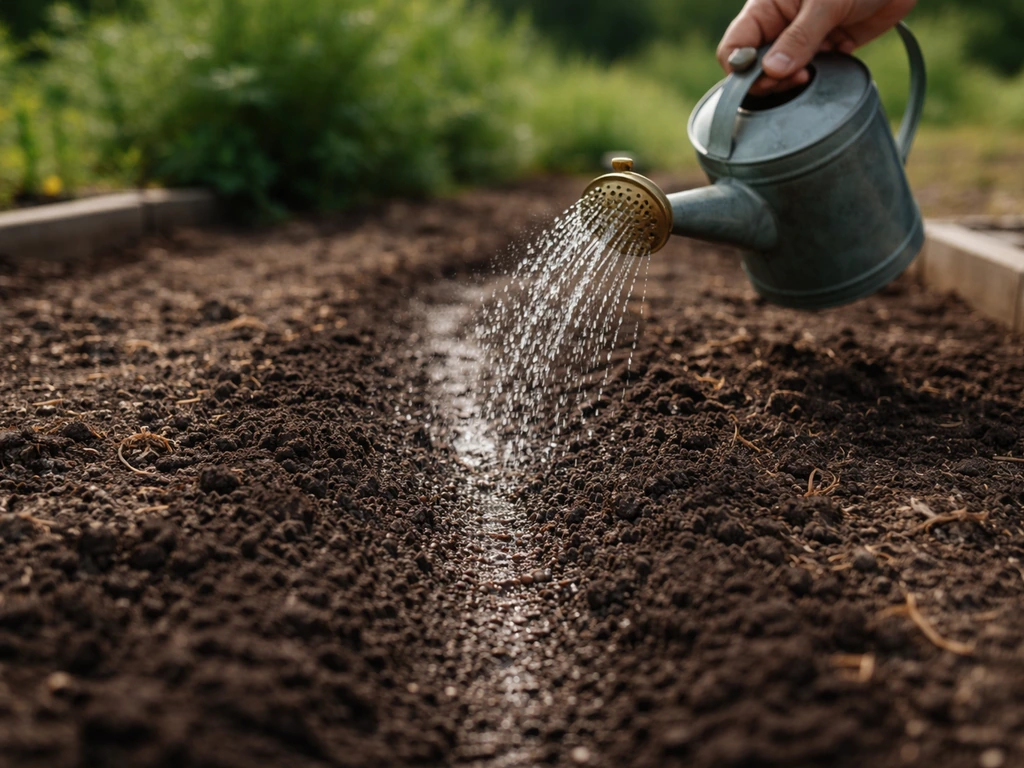 Arrosoir réglé en fines gouttelettes arrosant les jeunes semis, sol humide sans ruissellement.