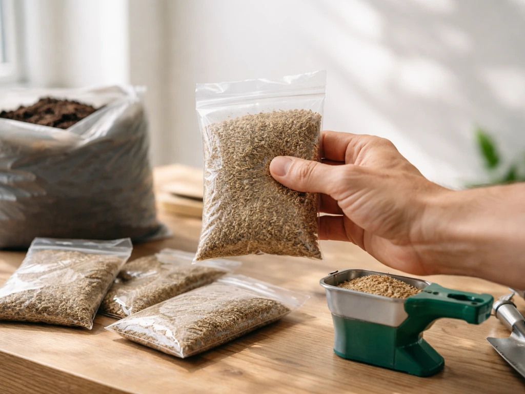 Main tenant des sachets de graines de gazon, à côté d’un petit sac de terre et d’un semoir manuel