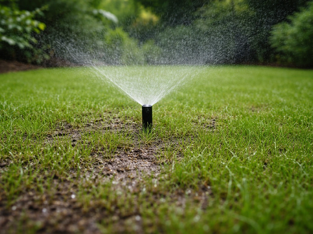Arroseur en pluie fine arrosant une pelouse fraîchement regarnie, sol maintenu humide en surface