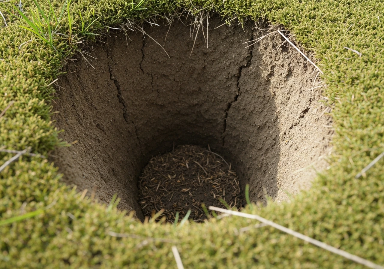 Trou de pelouse comblé avec substrat et semences visibles, préparation du regarnissage au ras du sol.