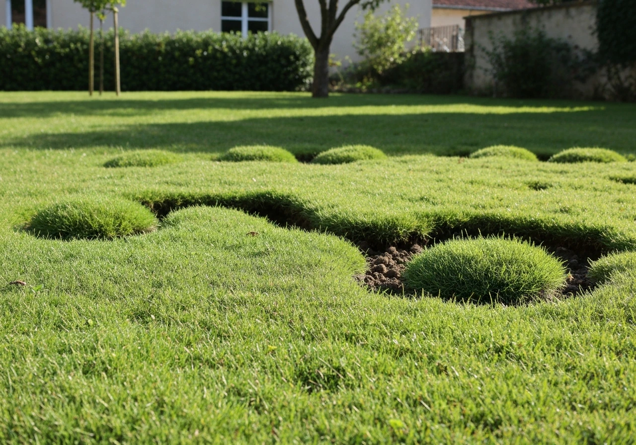 Pelouse avec taupinières et galeries visibles, terre fraîche remontée près de l’herbe.