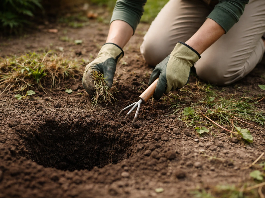 Personne à genoux, gants et petit outil, en train d’arracher des herbes et racines autour d’un trou de terre.