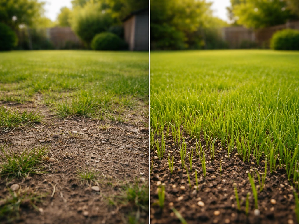 Pelouse avant/après densification : zones clairsemées à gauche, jeunes pousses et herbe plus dense à droite.