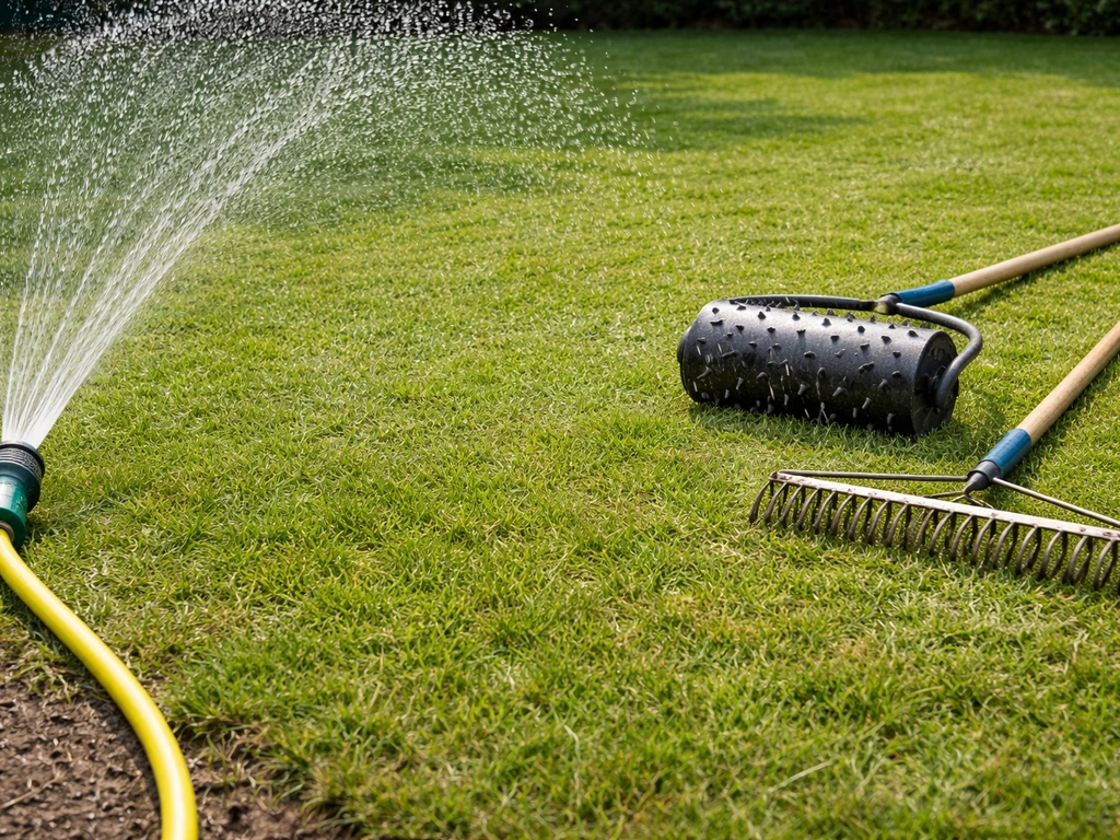 Arrosage au tuyau en pluie sur une pelouse fraîchement tondue, outils d’aération et scarification au sol