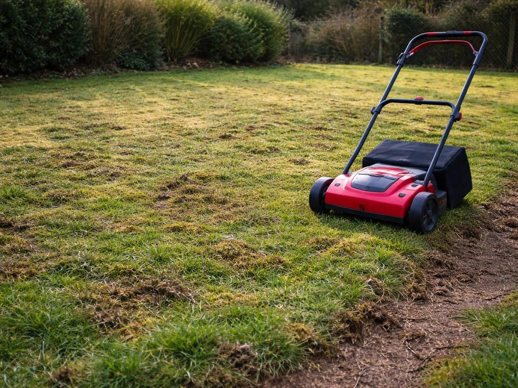 Pelouse de jardin avec mousse visible et scarificateur prêt à l’emploi au début du printemps, sans personne.