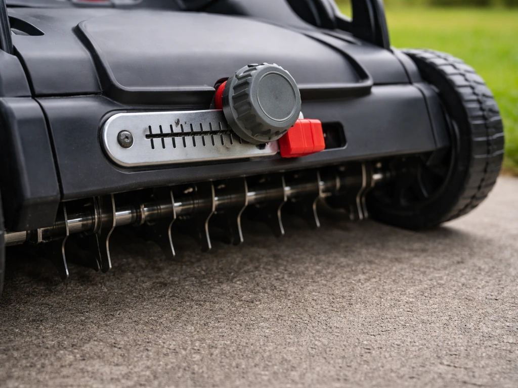 Gros plan sur la molette et la réglette de profondeur d’un scarificateur, couteaux réglés pour l’entretien de la pelouse