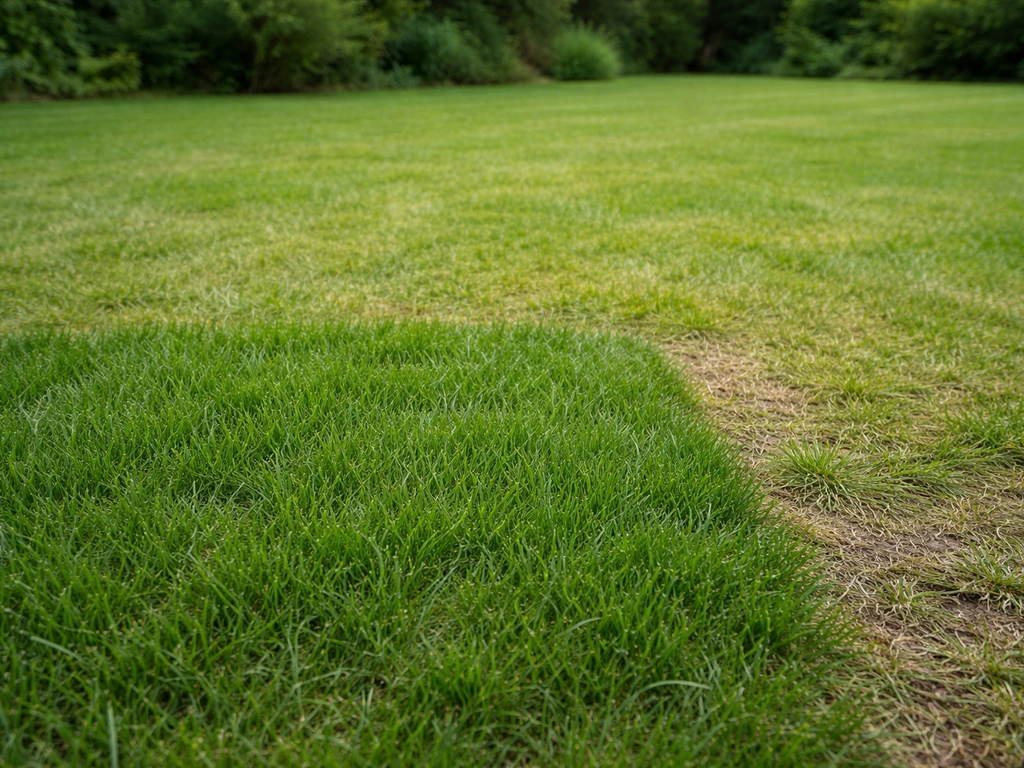 Pelouse fraîchement regarnie, touffes d’herbe denses et vert uniforme, sol réparé à peine visible.