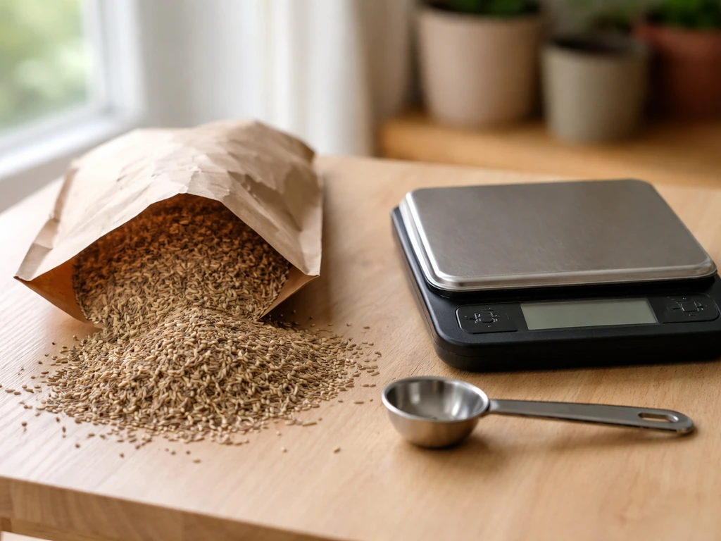 Sur une table, sachets de graines de gazon et une balance numérique pour mesurer le dosage au gramme.