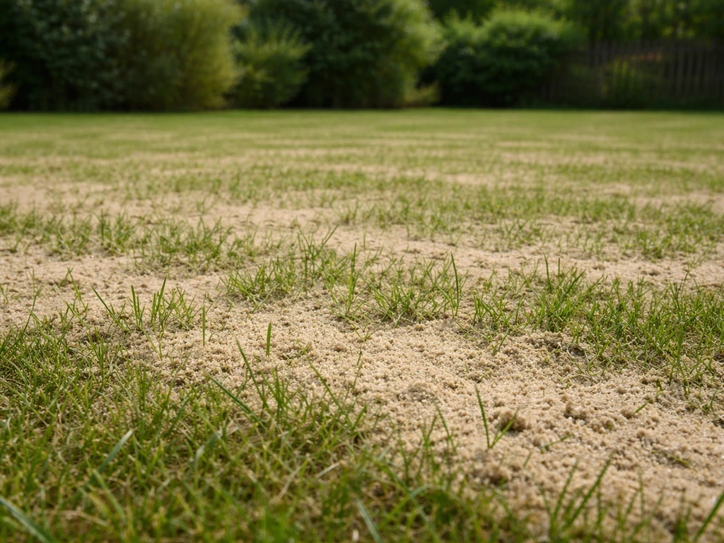 Gazon fraîchement sablé, sable fin uniformément étalé, vue rapprochée d’un jardin soigné.