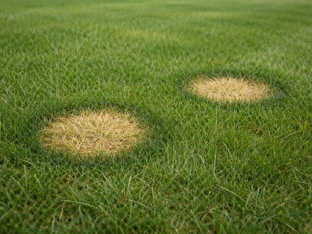 Pelouse avec taches circulaires jaunes et bordure vert foncé, aspect typique de dégâts d’urine animale.