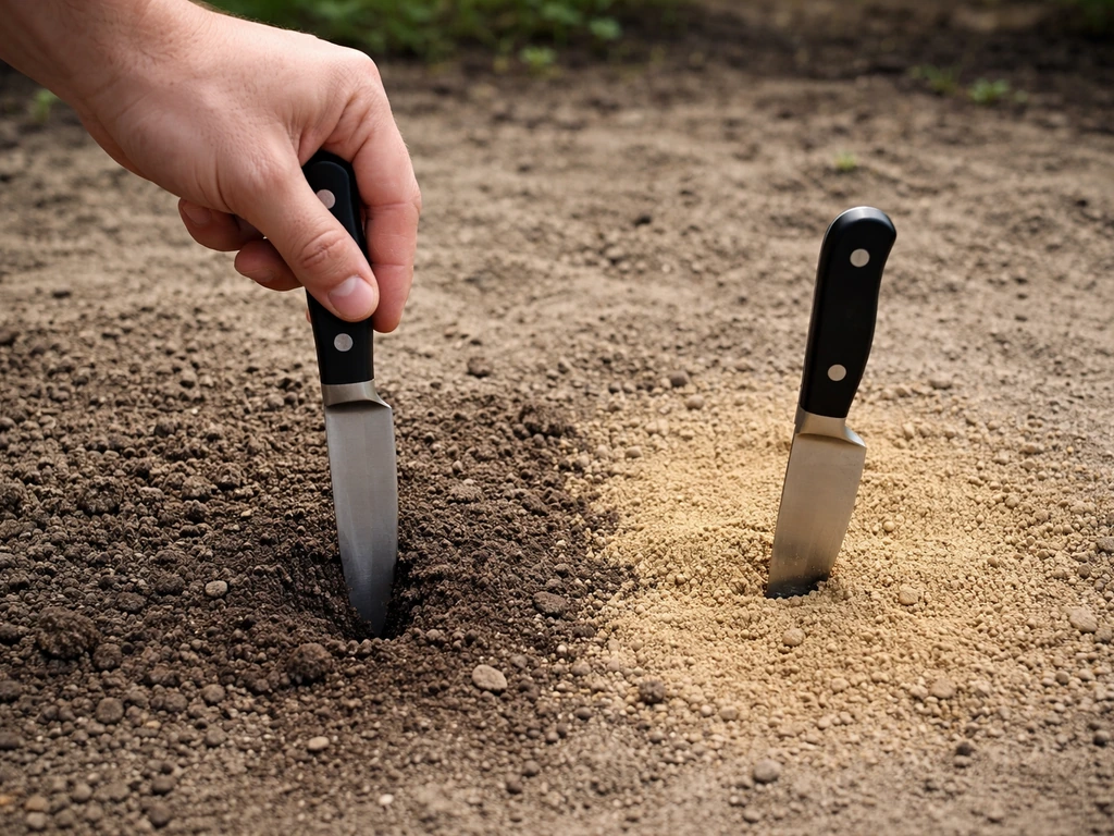 Main enfonçant un couteau de cuisine dans un sol : pénétration différente entre zone saine et zone jaunie.