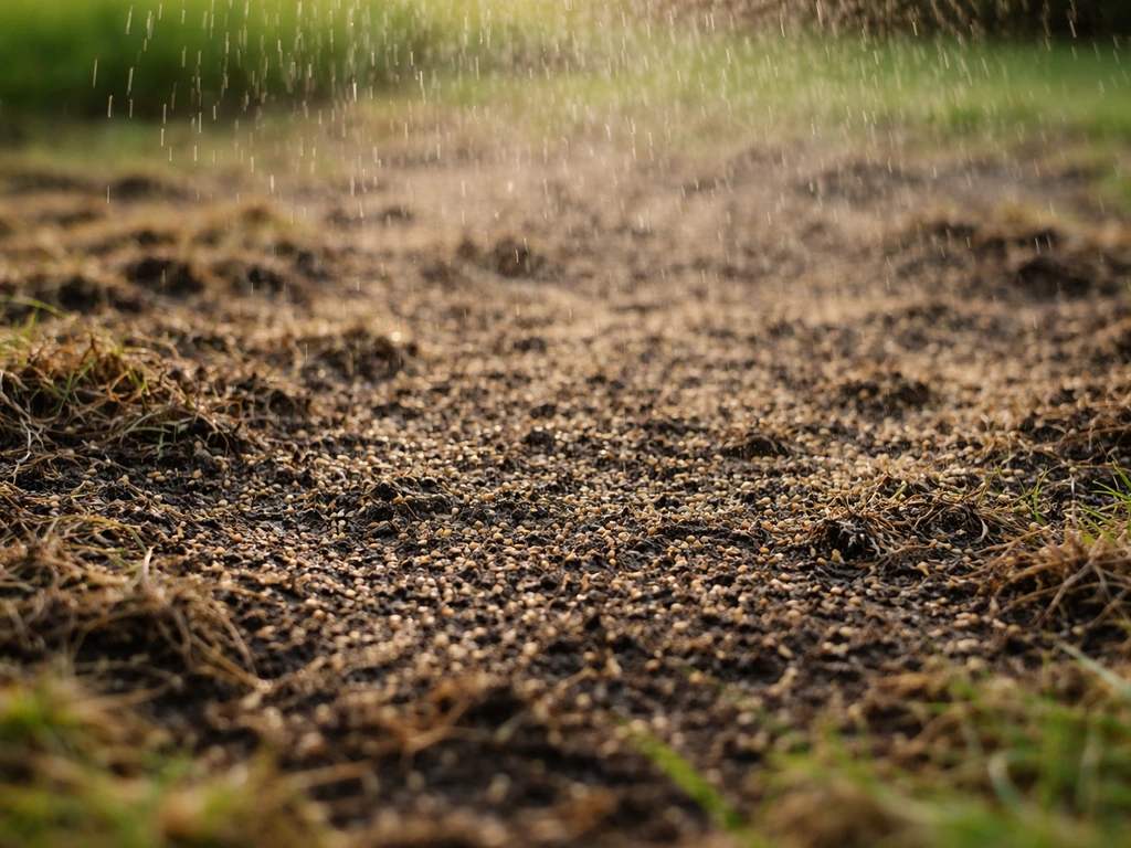 Regarnissage d’une pelouse : semences de gazon et arrosage fin sur une terre scarifiée, avant la germination.
