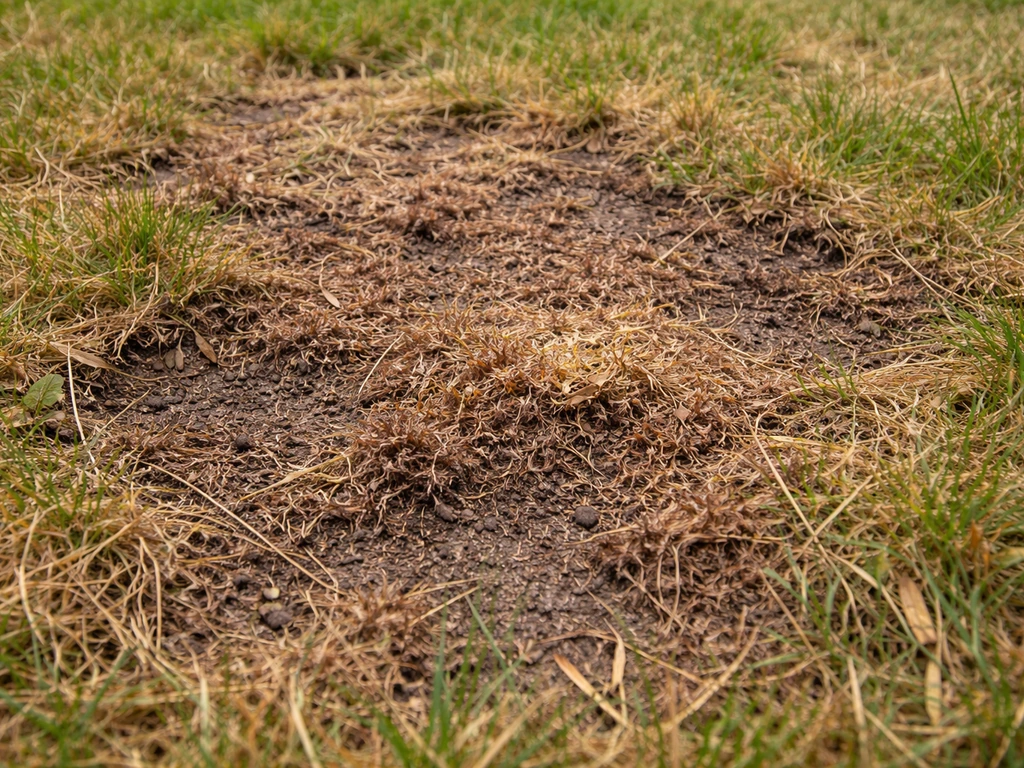 Gazon abîmé en gros plan : feutre compressé brun et surface dégradée avant rénovation.