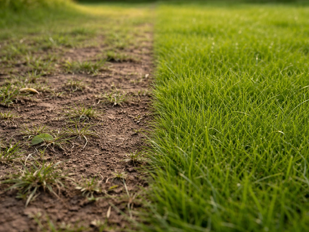 Pelouse avec deux zones : une dénudée prête à regarnissage et une zone resemée plus verte, vue rapprochée.