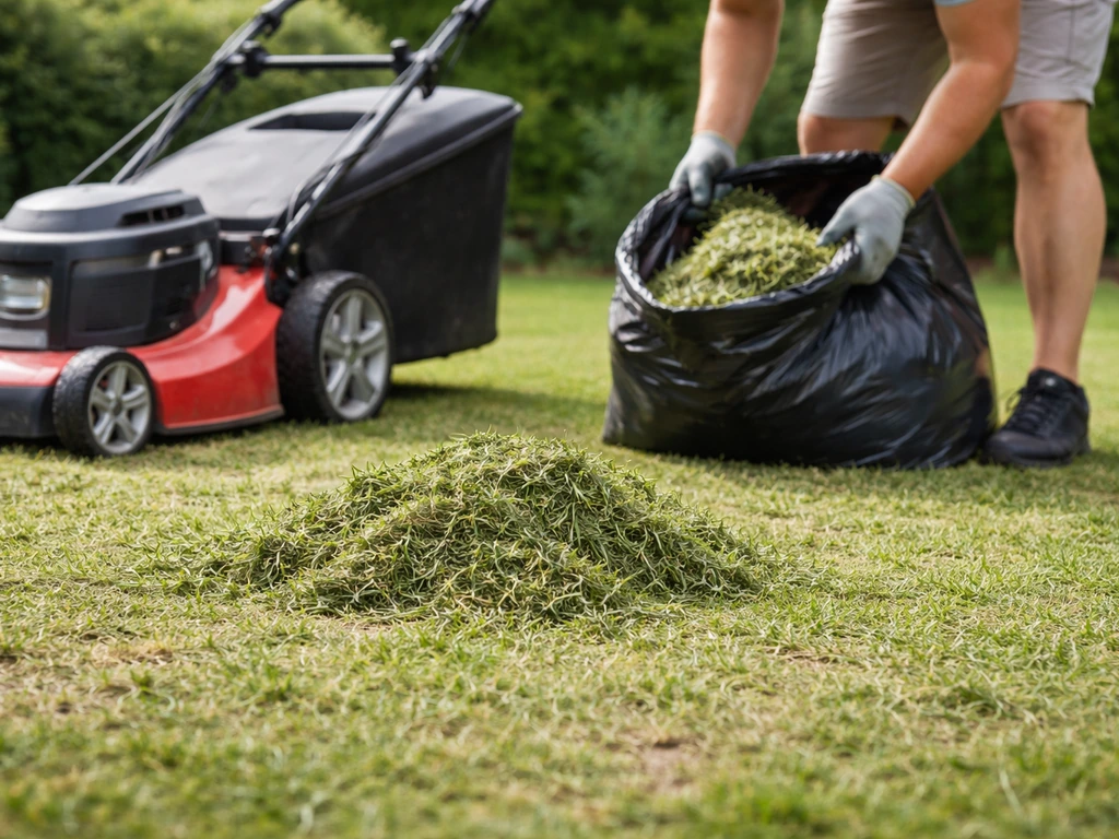 Pelouse tondue très court avec déchets d’herbe ramassés au pied d’une tondeuse, avant scarification.