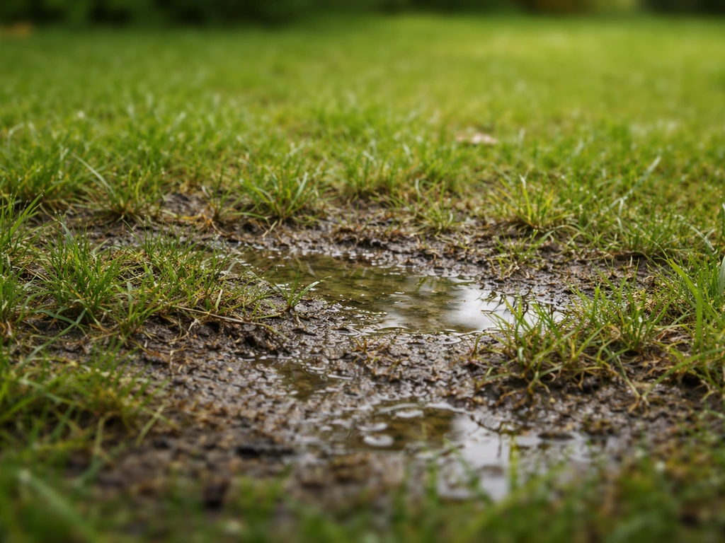 Pelouse clairsemée avec sol compacté : eau stagnante en petites flaques et feutrage visible.