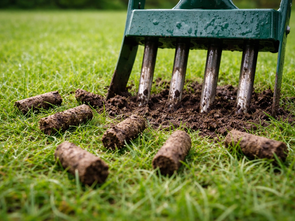 Aérateur à carottage retirant de petites carottes de terre d’une pelouse, sol décompacté et humide.