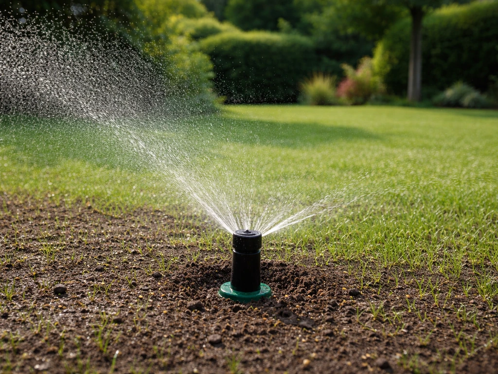 Arroseur qui pulvérise une pluie fine sur une pelouse sursemée, sol humide non détrempé.