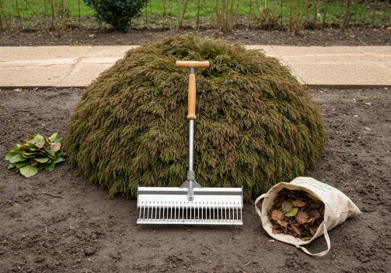Pelouse de printemps en remise en état avec mousse/chaume visible et outils de jardin au premier plan.