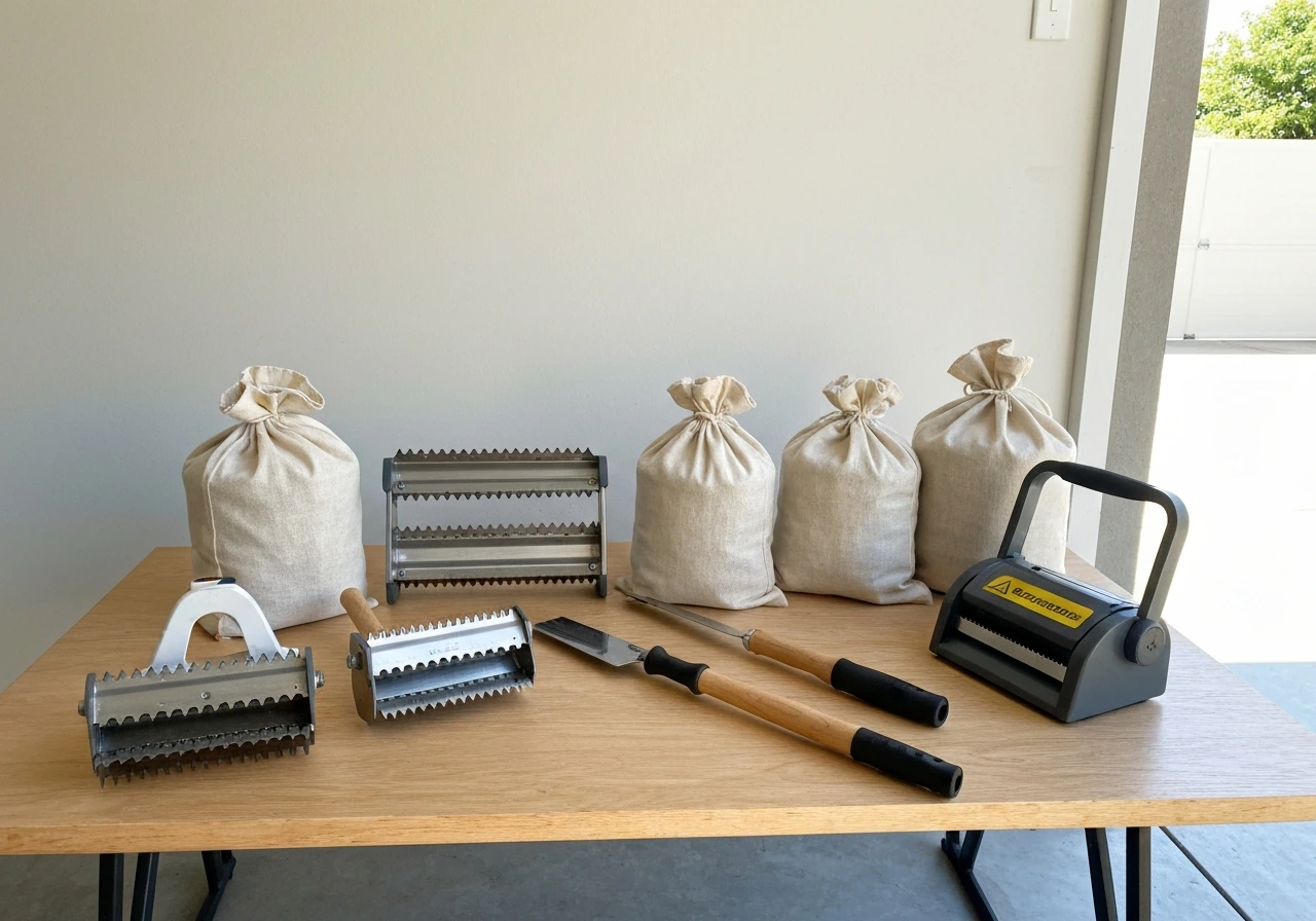 Outils prêts pour nettoyer une pelouse : râteau à feuilles, râteau à gazon, gants, sacs et un scarificateur