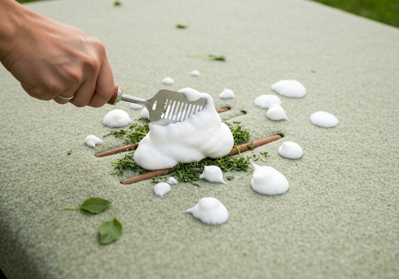 Gros plan d’une pelouse avec plaques de mousse ; un râteau à dents rigides la décroche, laissant l’herbe visible.