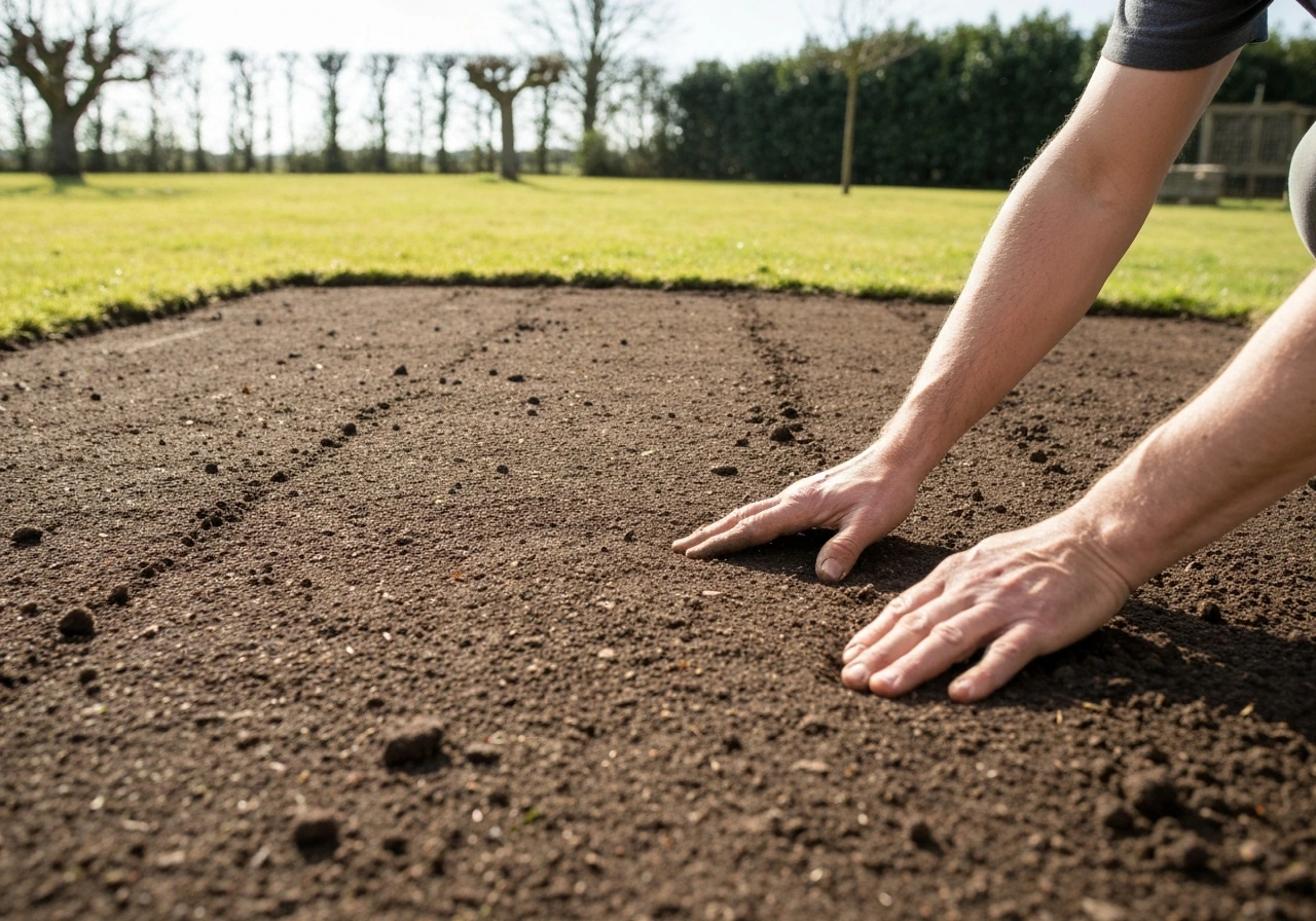 Zone de sol de pelouse compacté décompactée avec une pelle et mottes visibles avant scarification.
