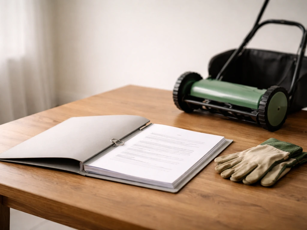 Dossier de documents de copropriété sur une table, à côté de gants et d’outils de jardin.
