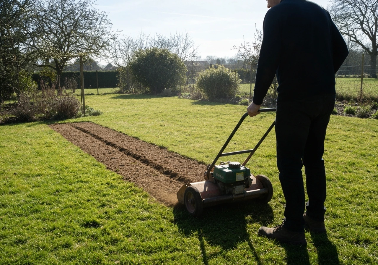 Scarification d’une pelouse française : scarificateur en action, feutre soulevé et zone partiellement travaillée.