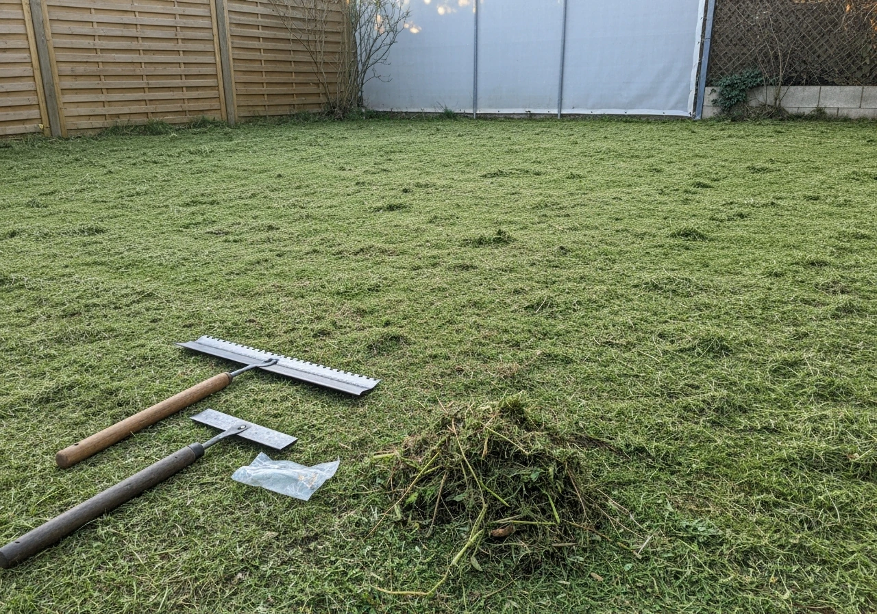 Pelouse tondue à 3–4 cm avec débris visibles et râteau au sol, prête pour la scarification.
