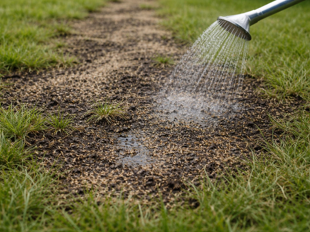 Pelouse scarifiée avec graines en surface et arrosage léger, juste avant la régénération.