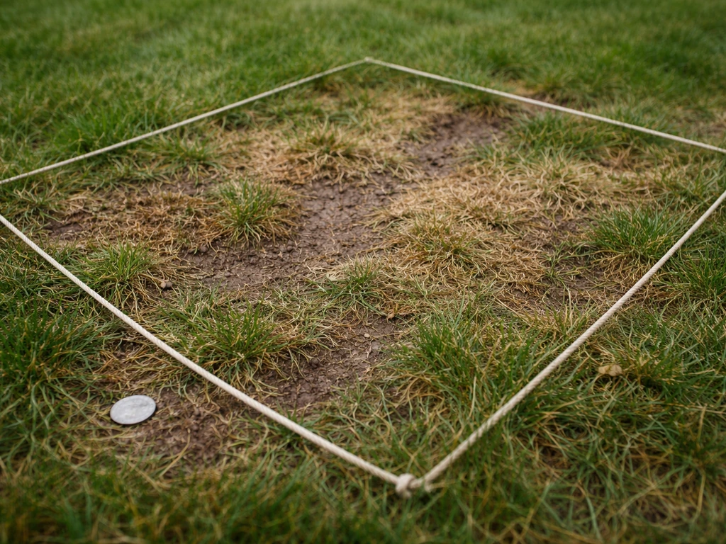 Gros plan sur une pelouse dégradée avec taches brunes et herbes clairsemées, repère au sol