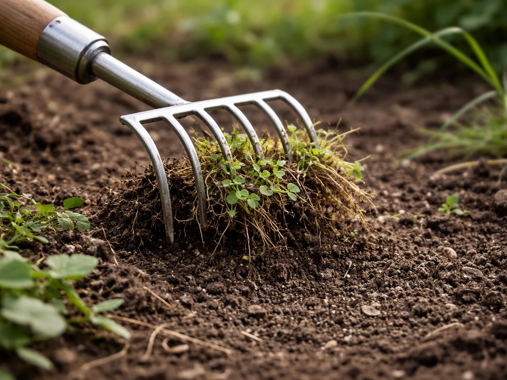 Gros plan sur un râteau à dents fines qui arrache des herbes et enlève des débris végétaux au sol.