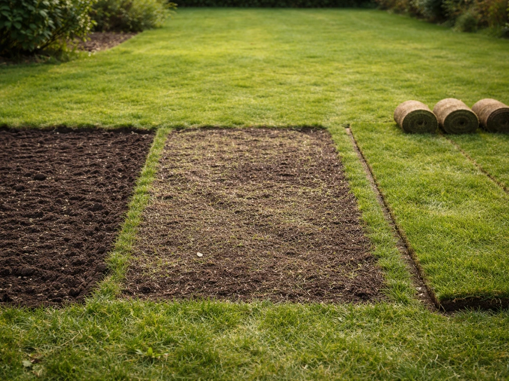 Petit coin de jardin comparant trois options de regarnissage : graines, sursemis scarifié et plaques de gazon prêt-à-pos