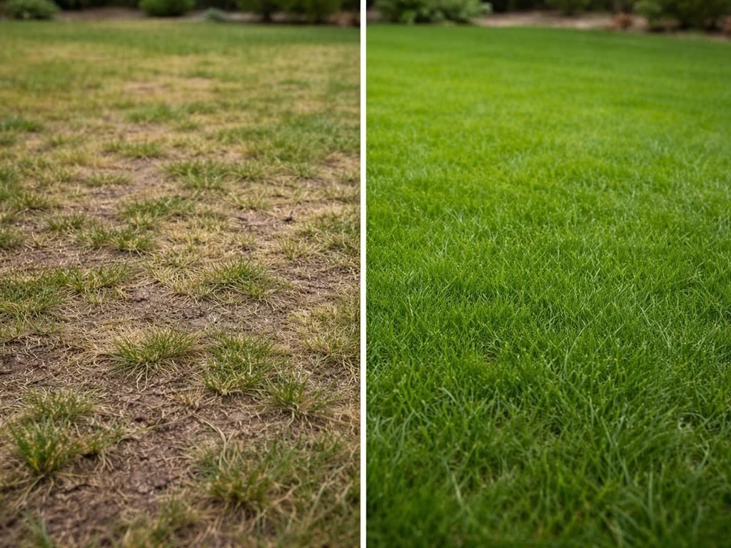 Même zone de pelouse : clairsemée à gauche, regarnie et plus dense à droite, vue au ras du sol.