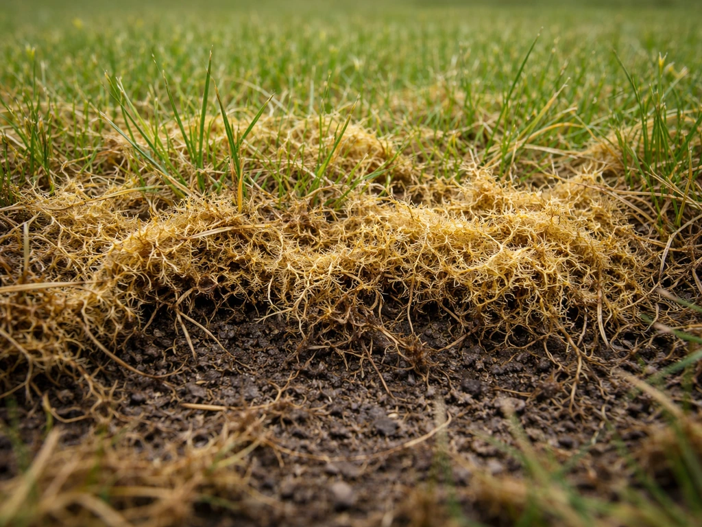 Gros plan sur une couche de feutre jaunâtre spongieux avec racines mortes sous des brins d’herbe.