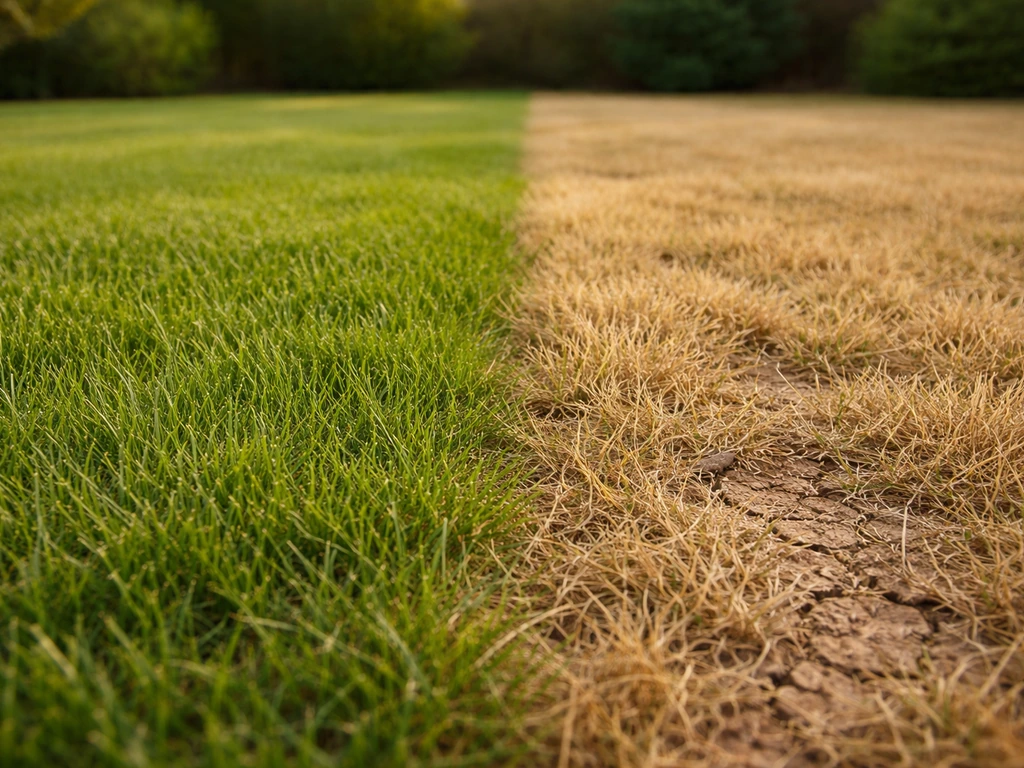 Pelouse en deux zones : une verte et dense, l’autre jaunie et brune, sol craquelé, arrosage insuffisant.