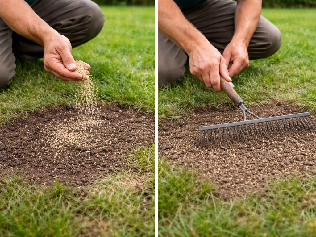 Jardinier épand des graines de gazon sur une pelouse, puis recouvre légèrement avec un râteau fin