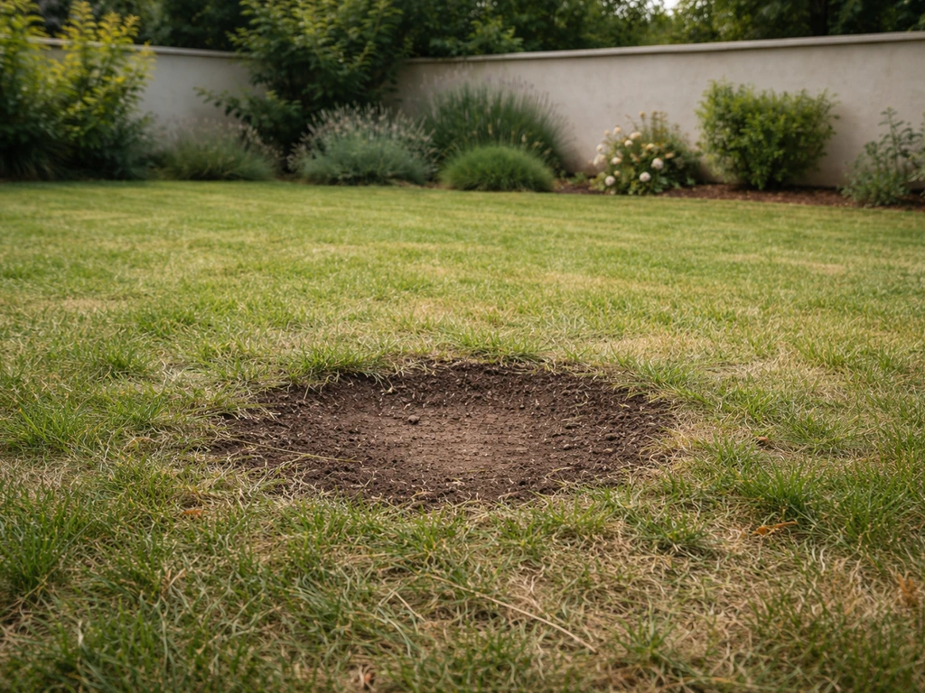 Un trou de gazon dans une pelouse clairsemée, prêt pour le regarnissage, jardin résidentiel en France.