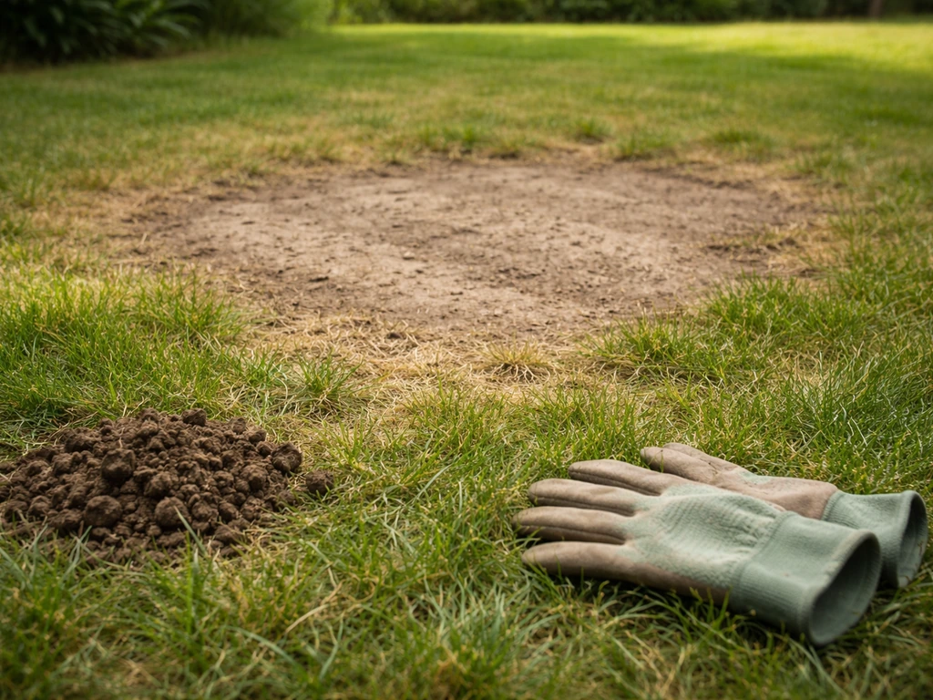 Pelouse clairsemée et zone dénudée, avec gants et terre au sol pour diagnostiquer la cause avant réparation.