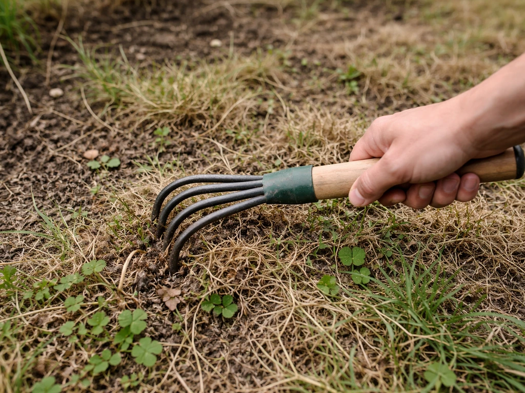 Main tenant un râteau griffeur qui retire gazon mort et débris dans un jardin.